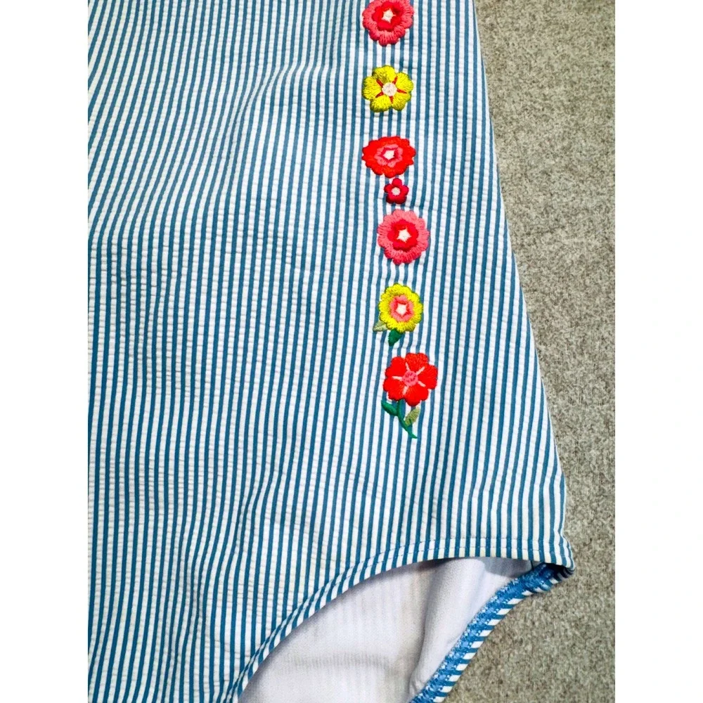 Boden Girl 11-12Y Blue White Stripe One Piece Swimsuit Embroidered Floral Halter